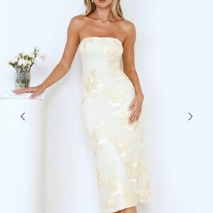 Hello Molly Yellow Strapless Floral Lace Midi Dress